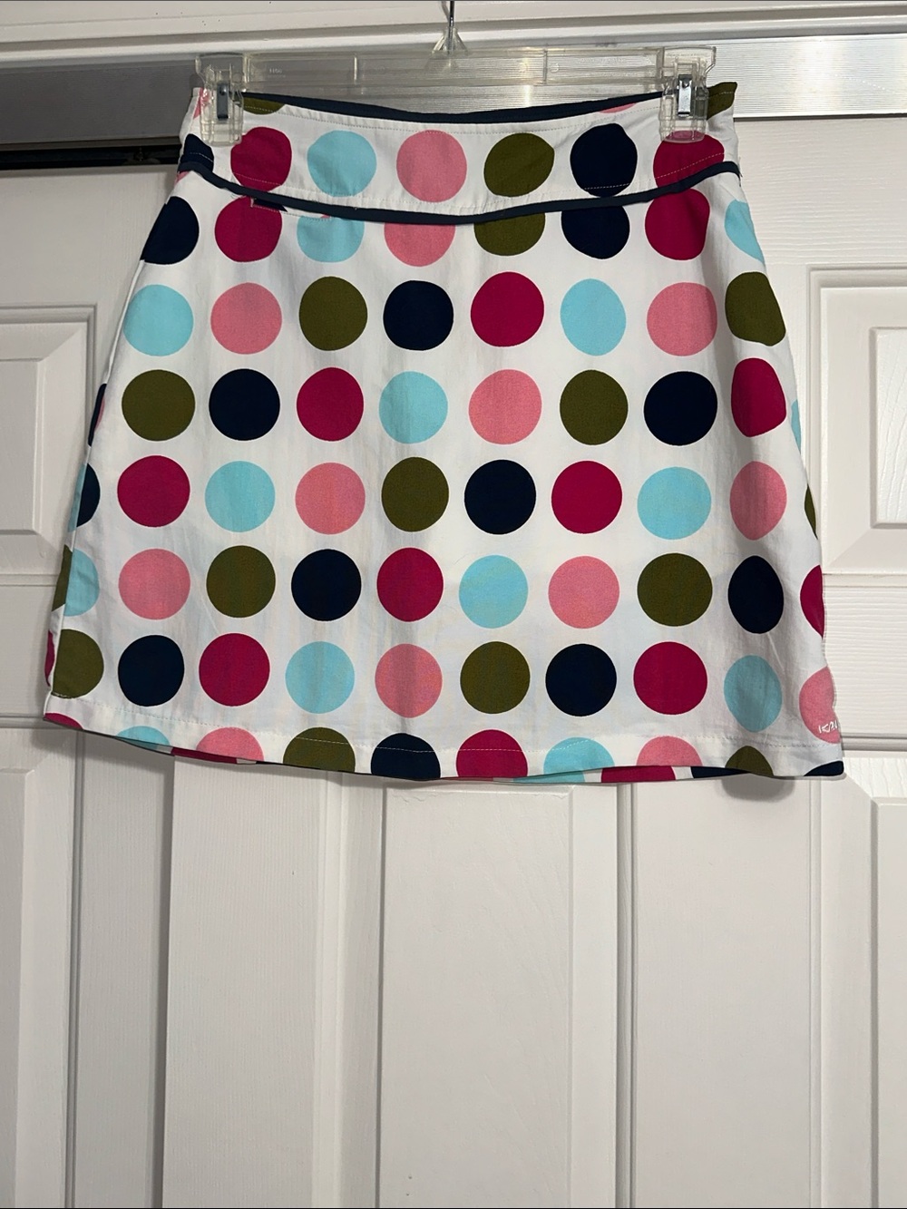 Kavu White A-Line Skort with Pink, Navy & Olive Polka Dots